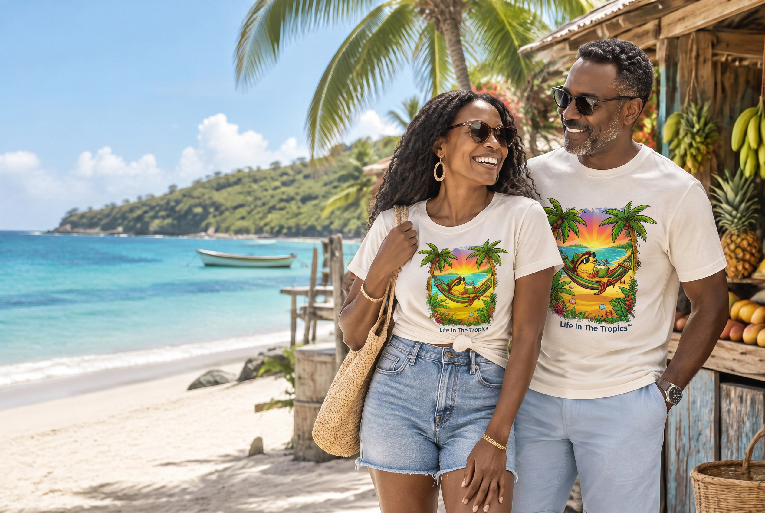 A smiling couple in coordinated cream tropical graphic tees at a bright Caribbean beach market